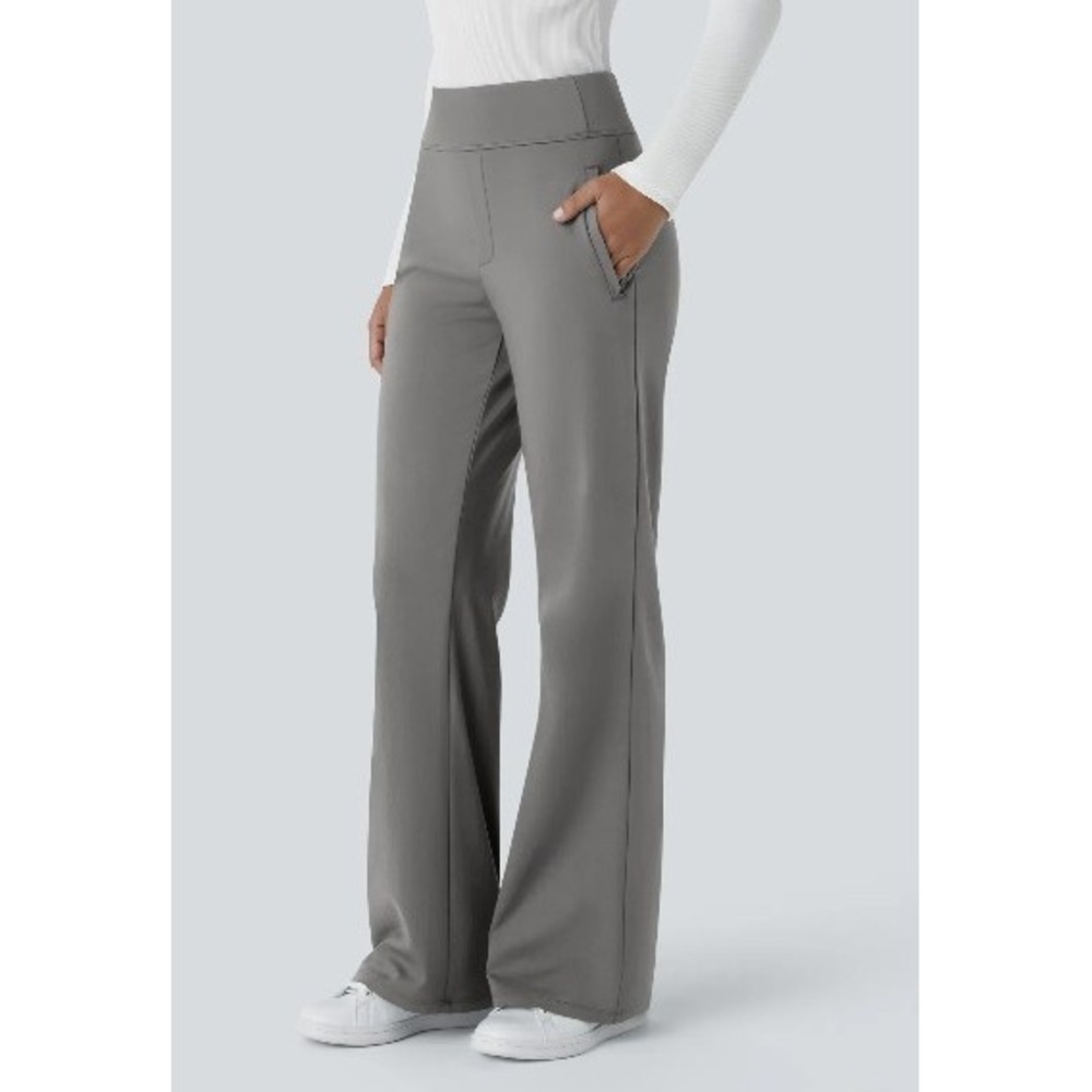 Halara Gray High Waisted Flare Dress Pants Wide Leg Pull On Trousers Womens M